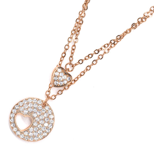 VN5245 - Premium brass cubic zirconia layered heart and circle rose gold plated necklace