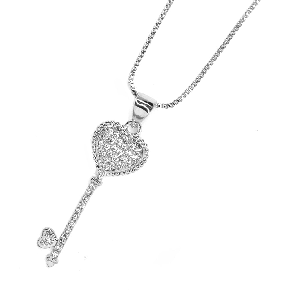 Premium cubic zirconia heart key silver plated necklace