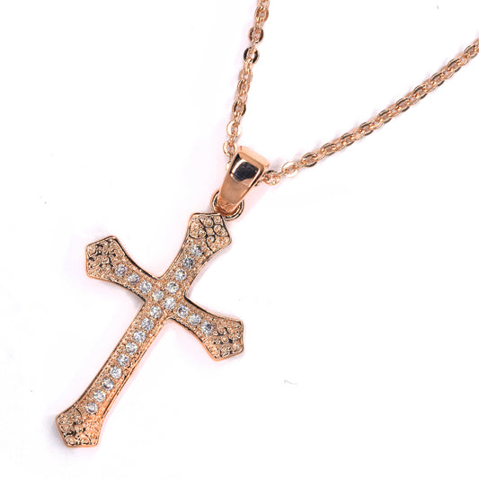 Premium cubic zirconia pointy cross rose gold plated necklace