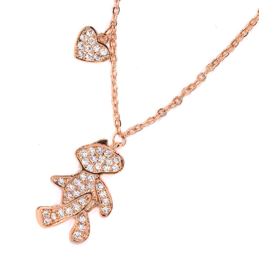 Premium  rose gold plated teddy bear and heart cubic zirconia necklace