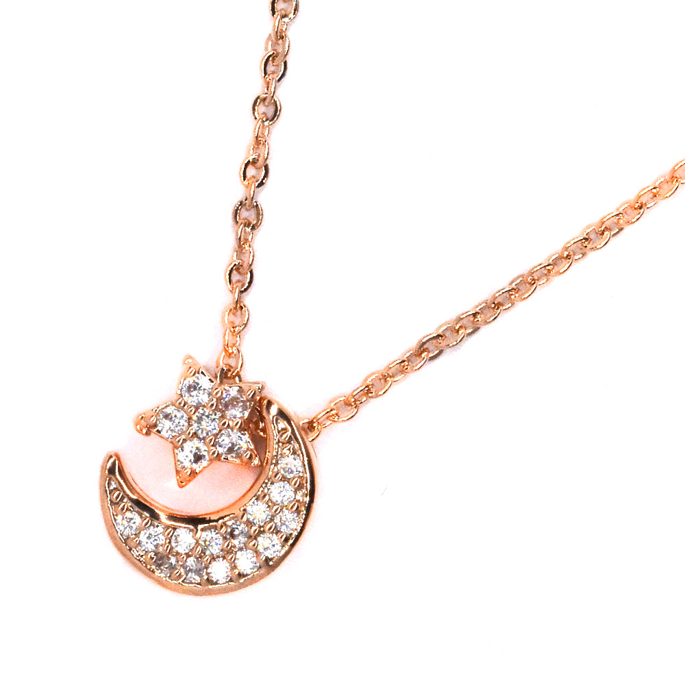 Premium rose gold plated cubic zirconia crescent moon and star pendant necklace