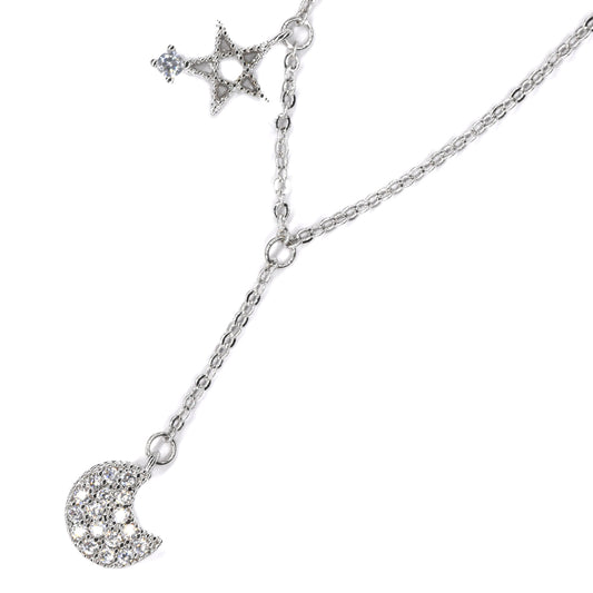 VN8263 - Premium brass cubic zirconia moon and star silver plated necklace