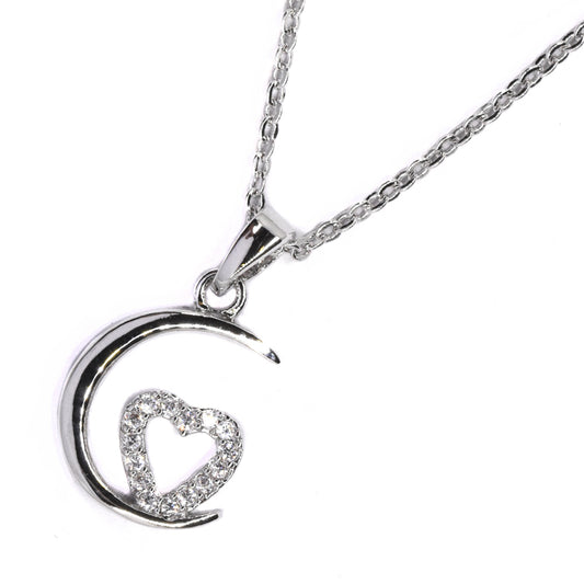 Premium plated cubic zirconia crescent moon and heart pendant necklace