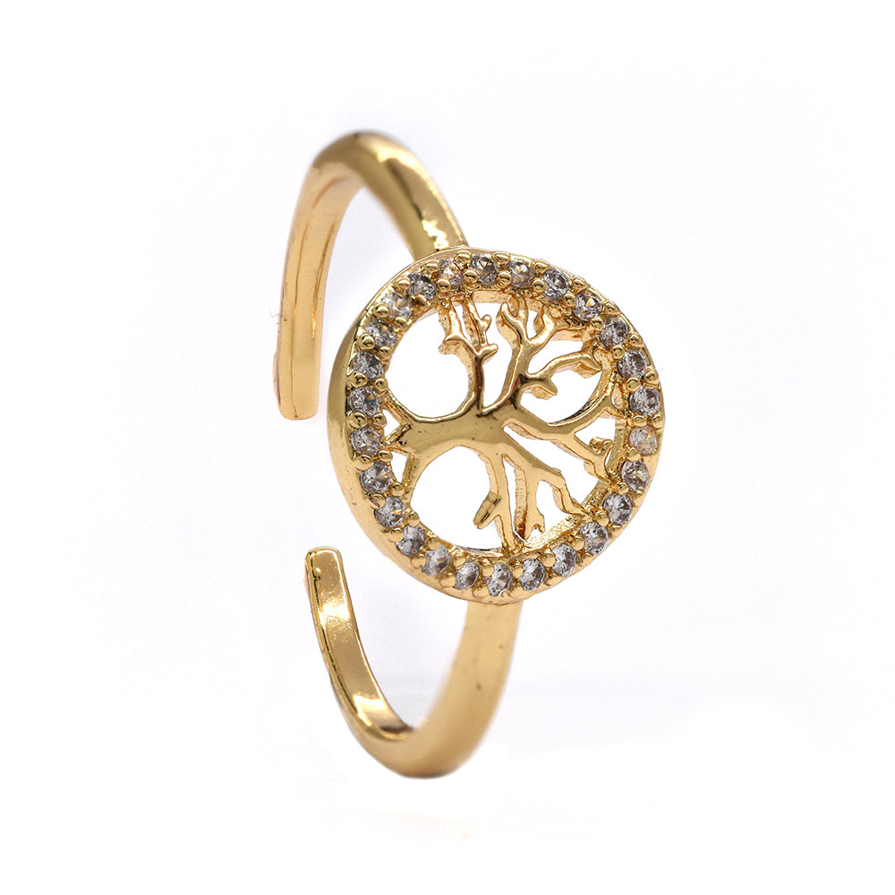 VR8347-G - Premium brass gold plated CZ tree of life free size ring