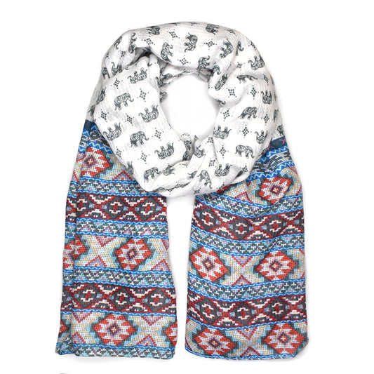 Blue, red and grey elephant and Aztec print scarf
