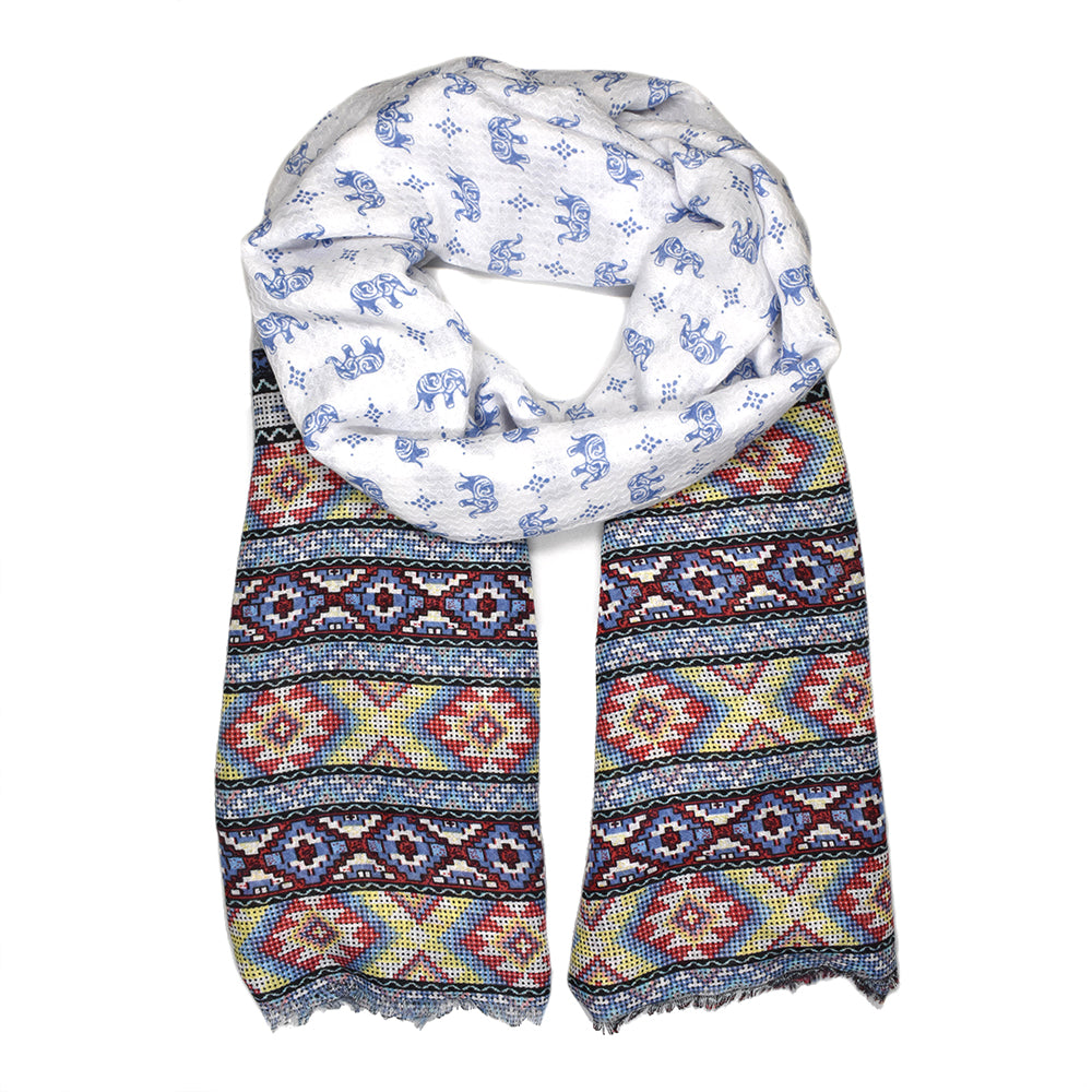 Blue, red and grey elephant and Aztec print scarf