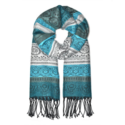 Multi pattern tassel end scarf