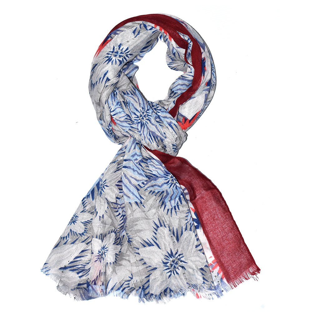 Colourful floral and solid edge print scarf