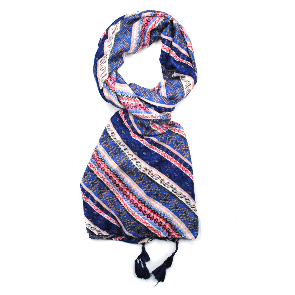 Multi print and linear design scarf with tassel in each corner.