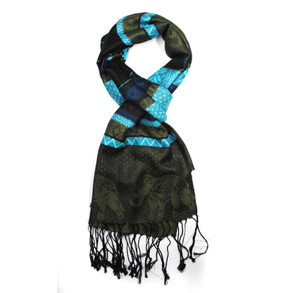 Geometric and elephant design scarf with find thread tassels.