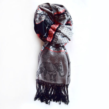 Geometric and elephant design scarf with find thread tassels.