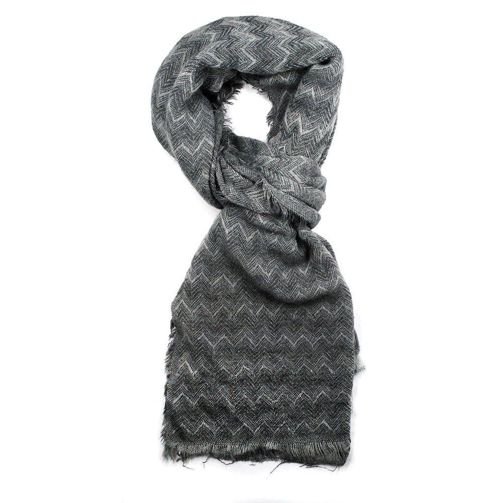 Zigzag pattern scarf with a fringe all the way around the scarf.