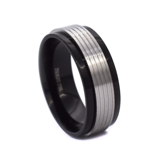Stainless steel two tone fidget striped ring - XSR007