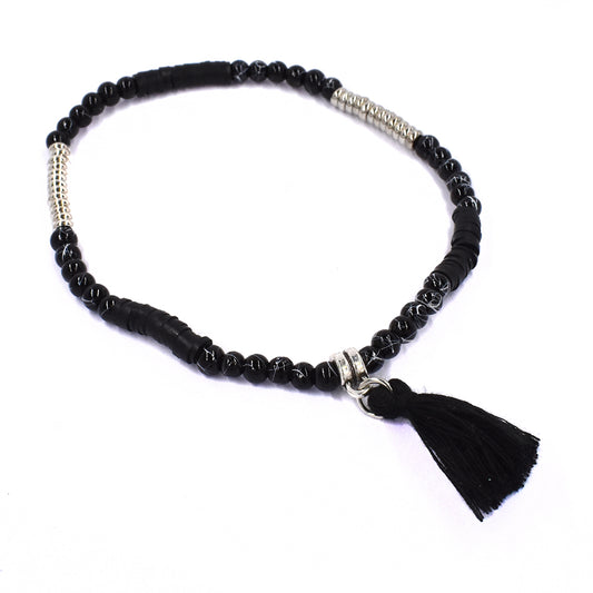 Fashion black bead and silver disc tassel bracelet - YB1299-3