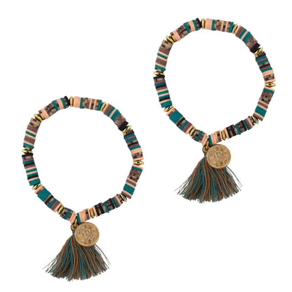 2 Pack fashion stripe beaded stretch tassel bracelet - YB3611