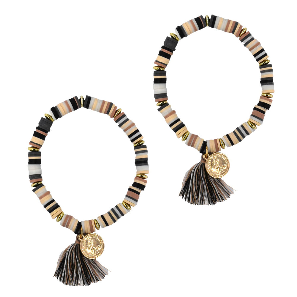 2 Pack fashion stripe beaded stretch tassel bracelet - YB3611