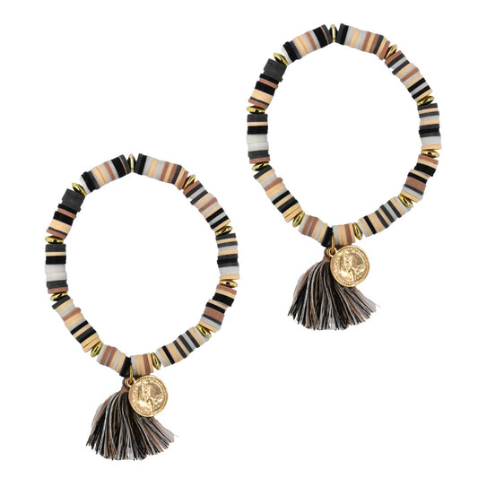 2 Pack fashion stripe beaded stretch tassel bracelet - YB3611