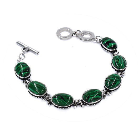 Fashion antique green oval gemstone T bar bracelet - YB4124