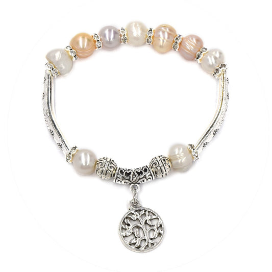 Freshwater pearl stretch tree of life charm bracelet - YB4205