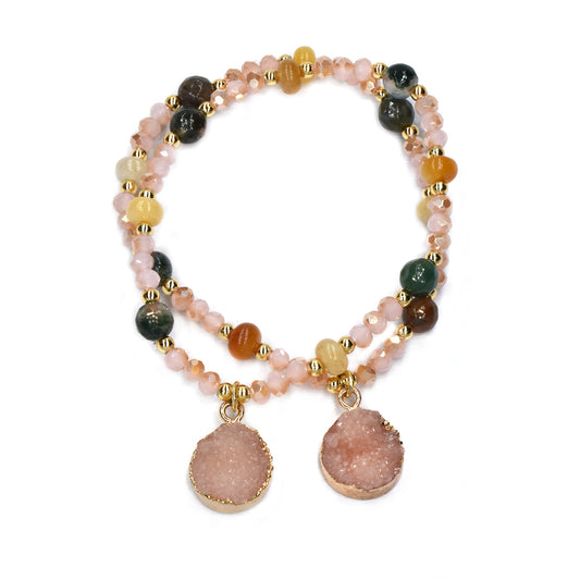 2 Pack fashion mixed beaded bracelet with round glitter charm - YB4432