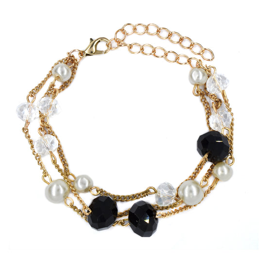 Fashion multi strand pearl and black and clear faceted beaded gold bracelet - YB4541