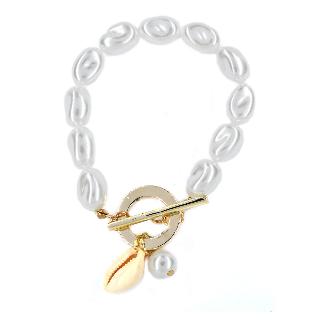 T bar pearl and shell charm bracelet