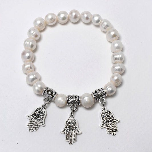 Freshwater pearl white 8mm freshwater pearl with Hamsa hand charms stretch bracelet - YB4786