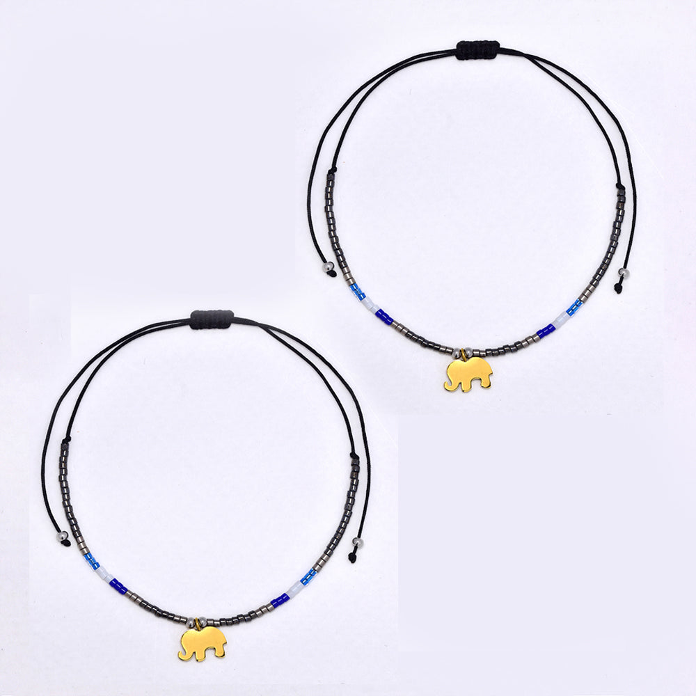 2 Pack adjustable cotton 7x10mm elephant charm beaded bracelet - YB4834