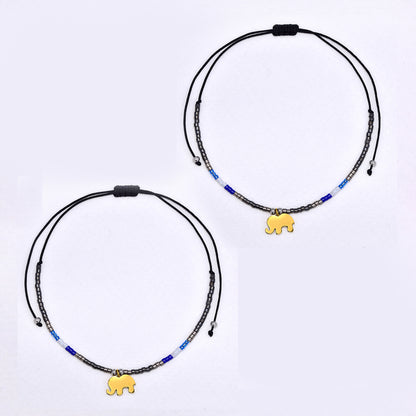 2 Pack adjustable cotton 7x10mm elephant charm beaded bracelet - YB4834