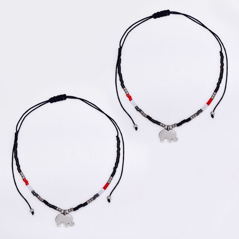 2 Pack adjustable cotton 7x10mm elephant charm beaded bracelet - YB4834
