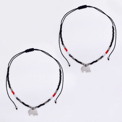 2 Pack adjustable cotton 7x10mm elephant charm beaded bracelet - YB4834