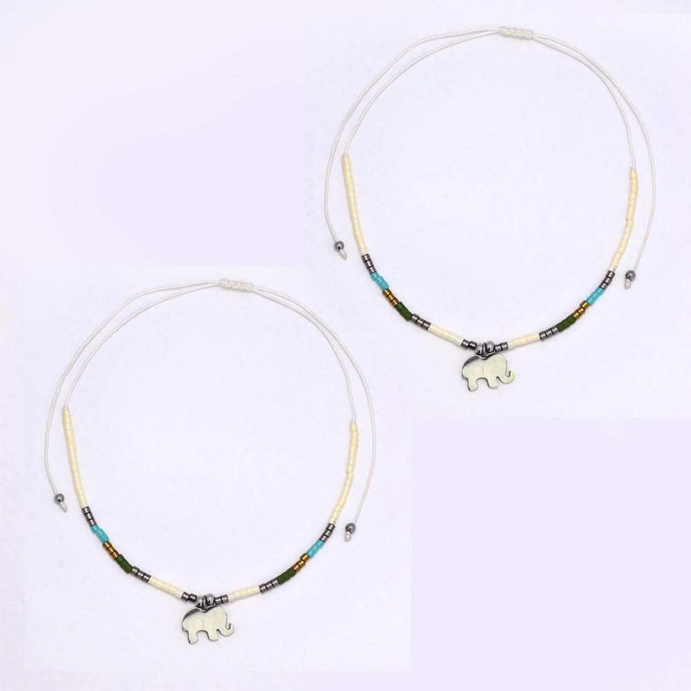 2 Pack adjustable cotton 7x10mm elephant charm beaded bracelet - YB4834
