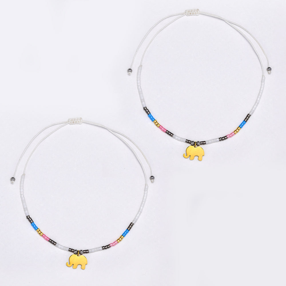 2 Pack adjustable cotton 7x10mm elephant charm beaded bracelet - YB4834