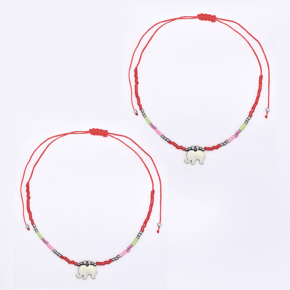 2 Pack adjustable cotton 7x10mm elephant charm beaded bracelet - YB4834