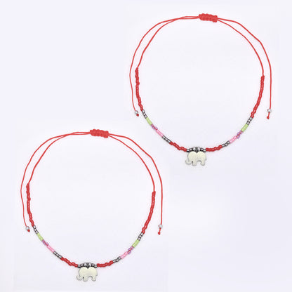 2 Pack adjustable cotton 7x10mm elephant charm beaded bracelet - YB4834