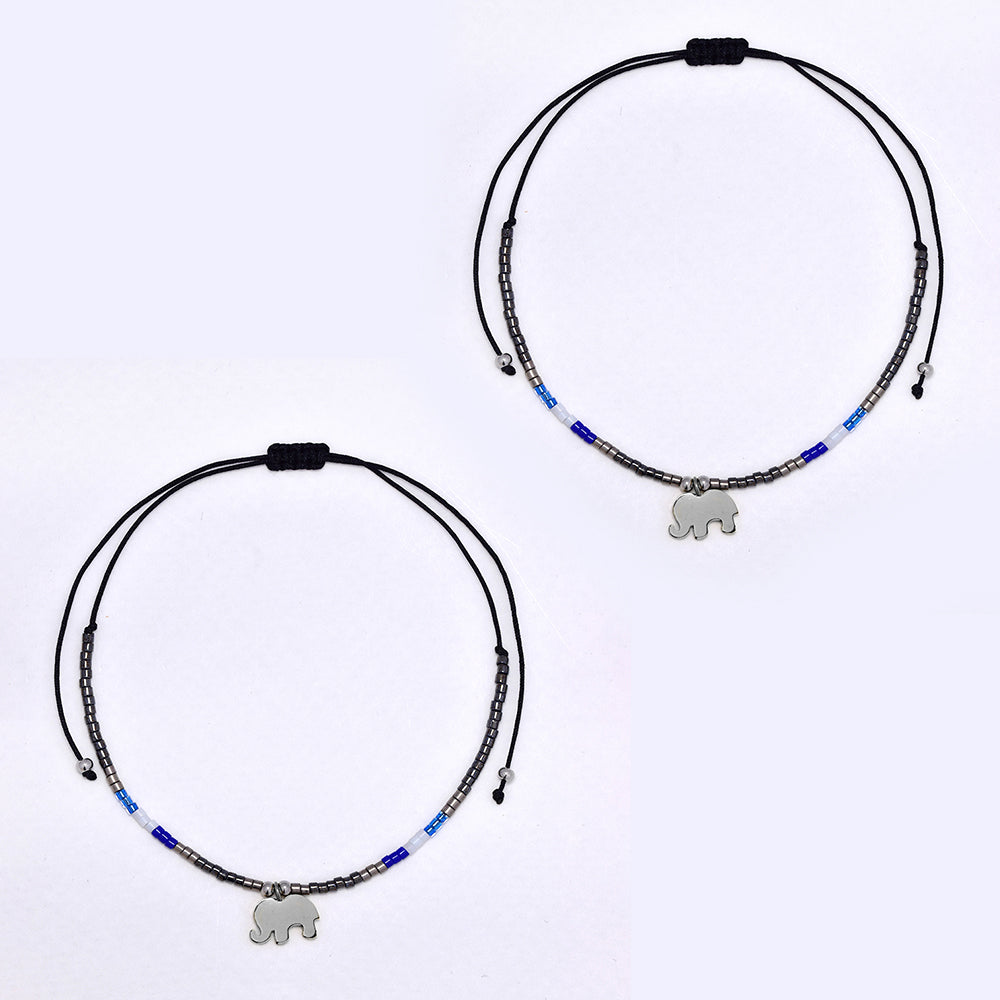 2 Pack adjustable cotton 7x10mm elephant charm beaded bracelet - YB4834