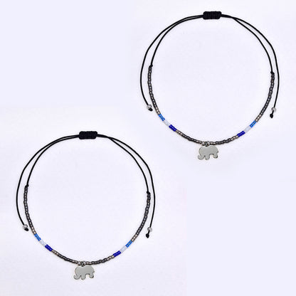 2 Pack adjustable cotton 7x10mm elephant charm beaded bracelet - YB4834