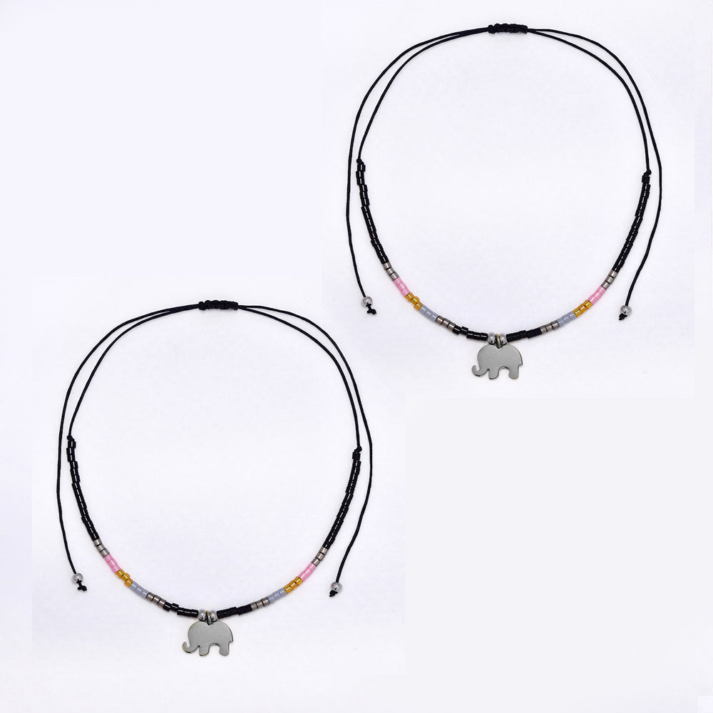 2 Pack adjustable cotton 7x10mm elephant charm beaded bracelet - YB4834