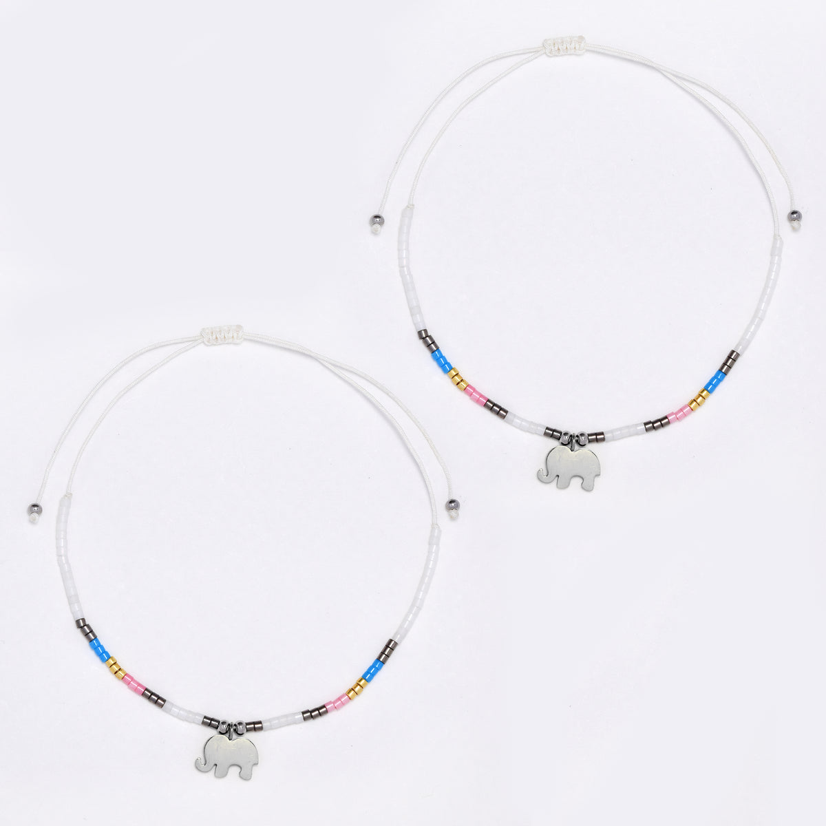 2 Pack adjustable cotton 7x10mm elephant charm beaded bracelet - YB4834