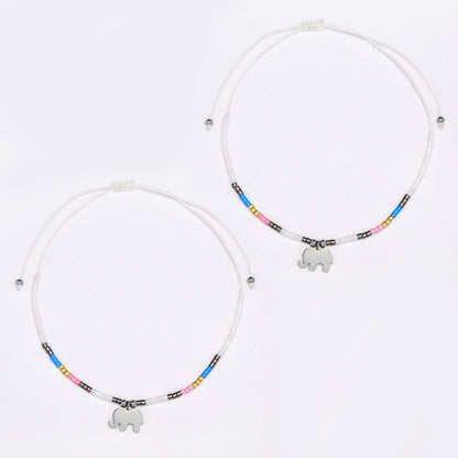 2 Pack adjustable cotton 7x10mm elephant charm beaded bracelet - YB4834