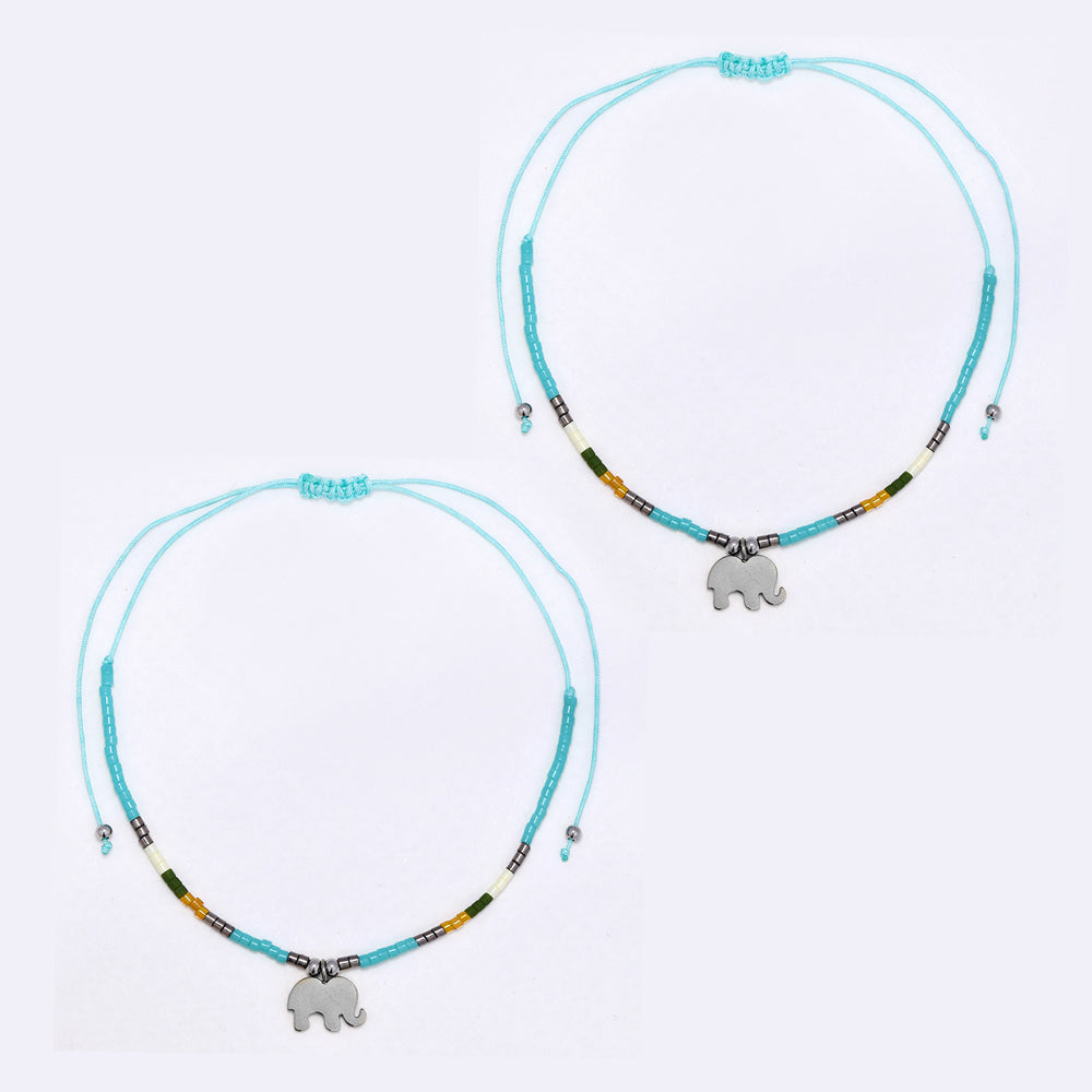 2 Pack adjustable cotton 7x10mm elephant charm beaded bracelet - YB4834