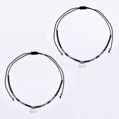 2 Pack adjustable cotton 7x10mm elephant charm beaded bracelet - YB4834