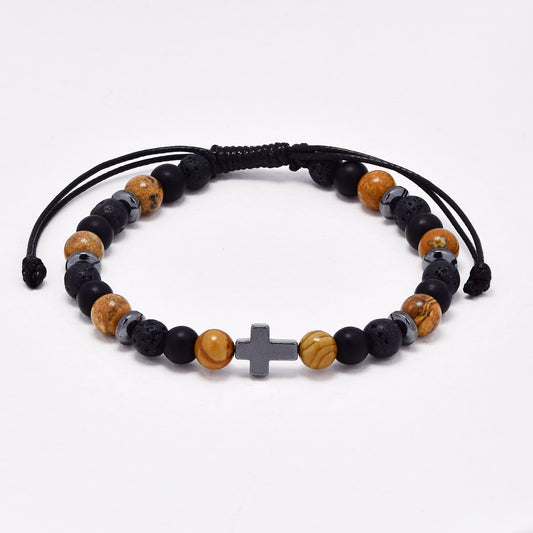 YB6688 - Adjustible volcanic rock & natural stone cross bracelet
