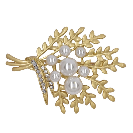Fashion gold plated matte leafy bouquet crystal and pearl brooch