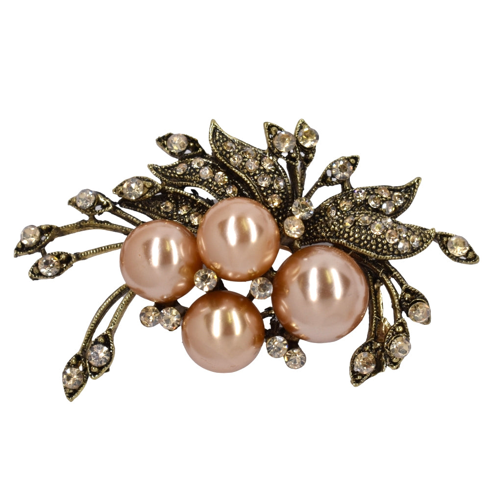 Fashion champagne pearl and crystal leafed brooch