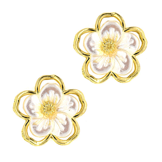 Gold milk enamel flower stud fashion earrings - YE3415