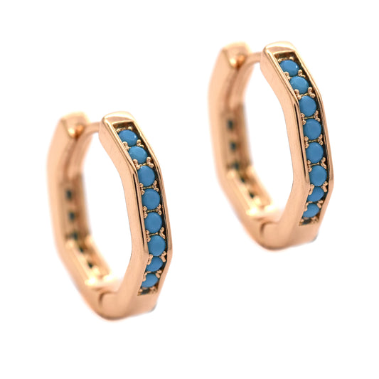 PYE3564 - Premium brass rose gold hexagon turquoise stone huggie earrings