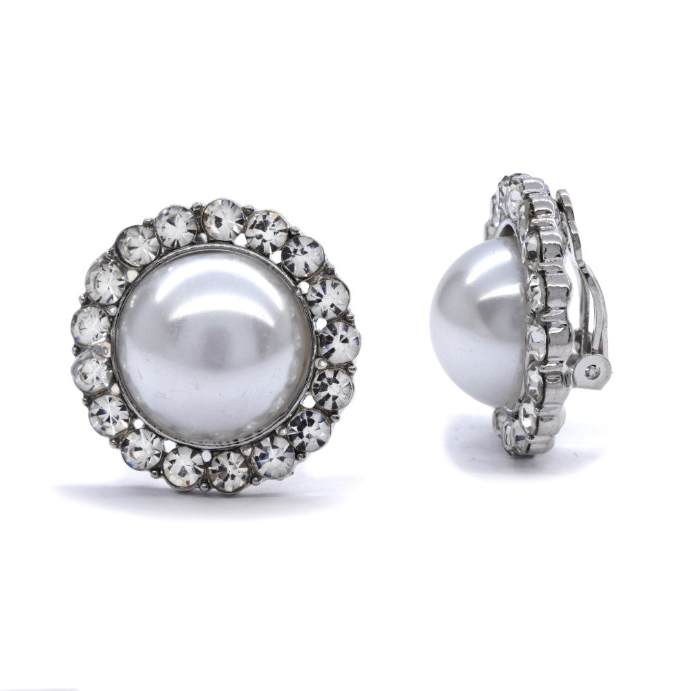 Silver scallop halo pearl clip on fashion earring - YE4025