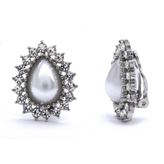 Silver teardrop pearl halo clip on earring - YE4028