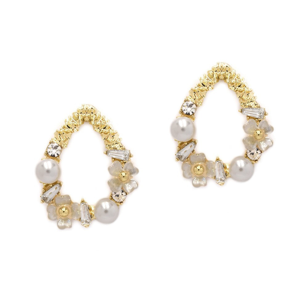 Crystal pearl and  flower teardrop fashion earring - YE4298
